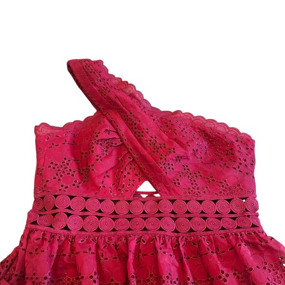 Self-Portrait One Shoulder Cranberry Red Eyelet Lace Dress A-Line Cutout Size 8 - Picture 3 of 15